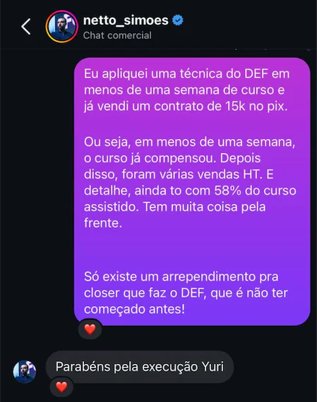 Print de conversa: aluno aplicou uma técnica do método em menos de uma semana e fechou um contrato de 15 mil no pix
