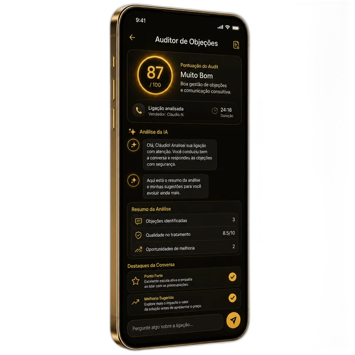 Agente de IA Auditor de Objeções no celular